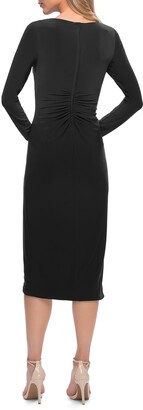 La Femme Long-Sleeve Faux-Wrap Ruched Jersey Dress