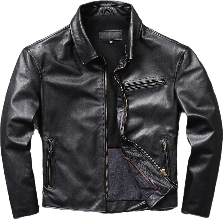 Mkjuuior Men's Horse Leather Jacket Vintage Cropped Slim Leather Jacket ...