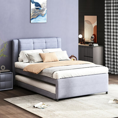 Alwyn Home Full Size Bed With Foldable Trundle In Gray - Stable Frame & Upholstery Functional Trundle. Solid Wood Construction. No Box Spring Required. Relaxing