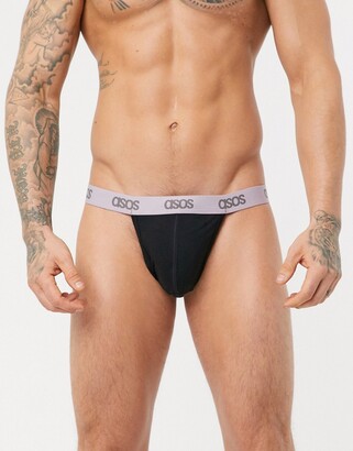 ASOS DESIGN jock strap in black with purple branded waistband