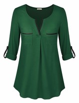 Bulotus Womens 3/4 Sleeve Tunic Tops V Neck Business Casual Blouses with Zipper Chest Pocket 