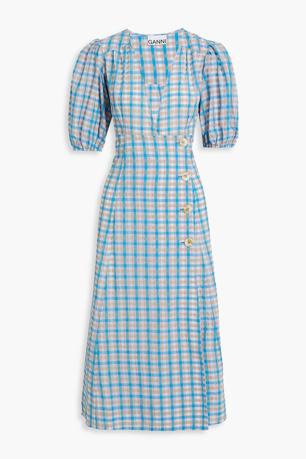 Ganni Gathered gingham seersucker midi dress ShopStyle