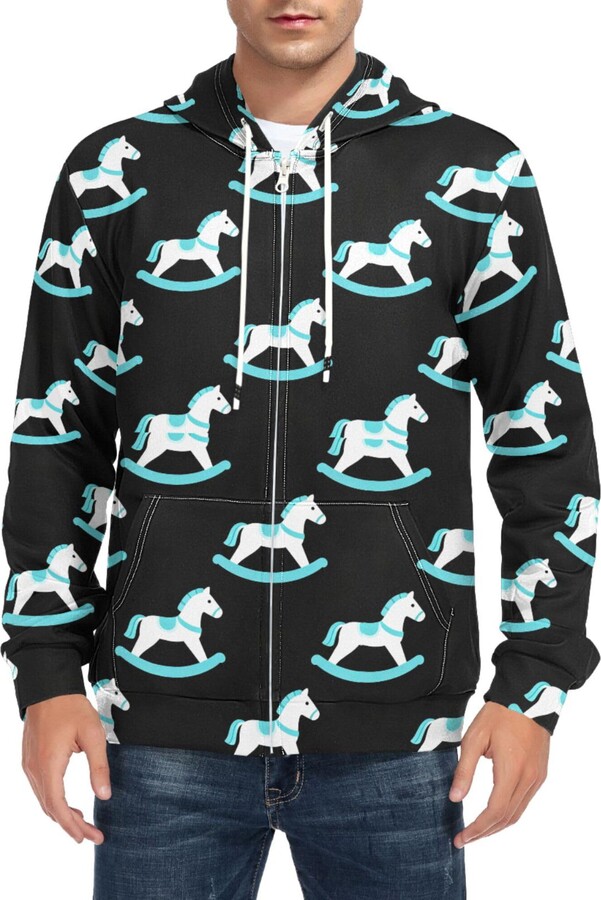 CUPADA Mens Full Zip Hoddie White Horse Rocking Blue Black Long Sleeve Casual Sweatshirt with Pocket Jacket Fall Winter Coat