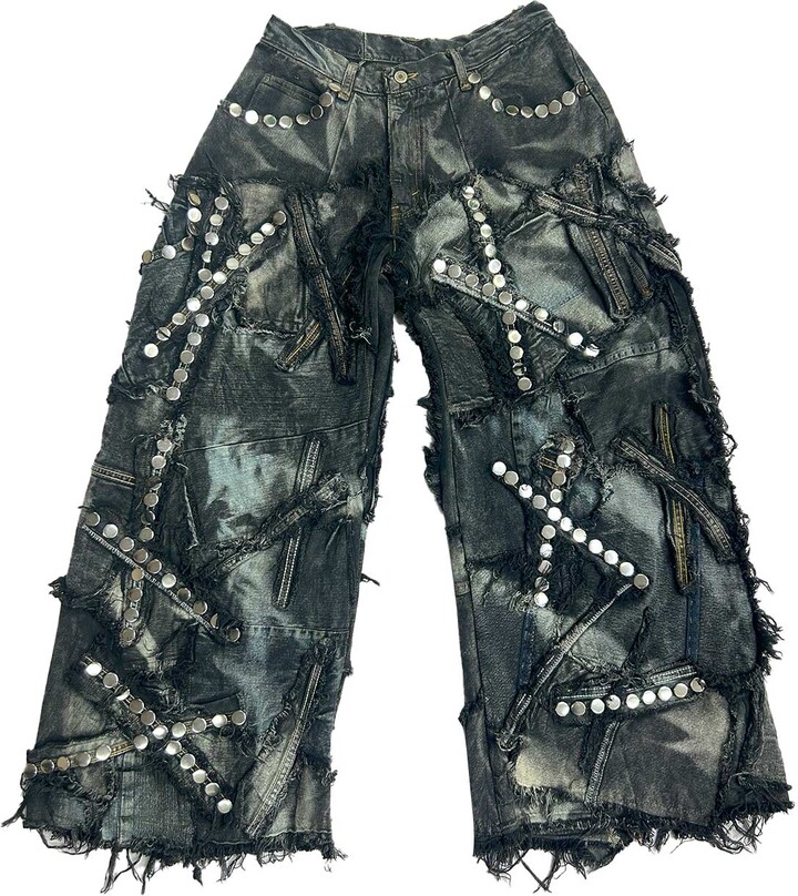 Zastastudio Black Shred Couture Studded Denim Pants Wide Leg
