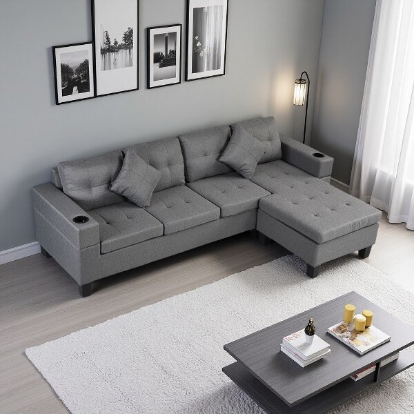 YIDA NATURAL Modern4-SeaterL-ShapedSectionalSofa,FauxLinen,Left/RightChaise