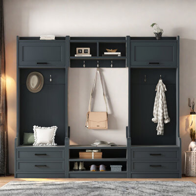 4-in-1 Detachable Hall Tree With Coat Rack And 7 Hooks, 4 Drawers, Cabinets And Shoe Bench