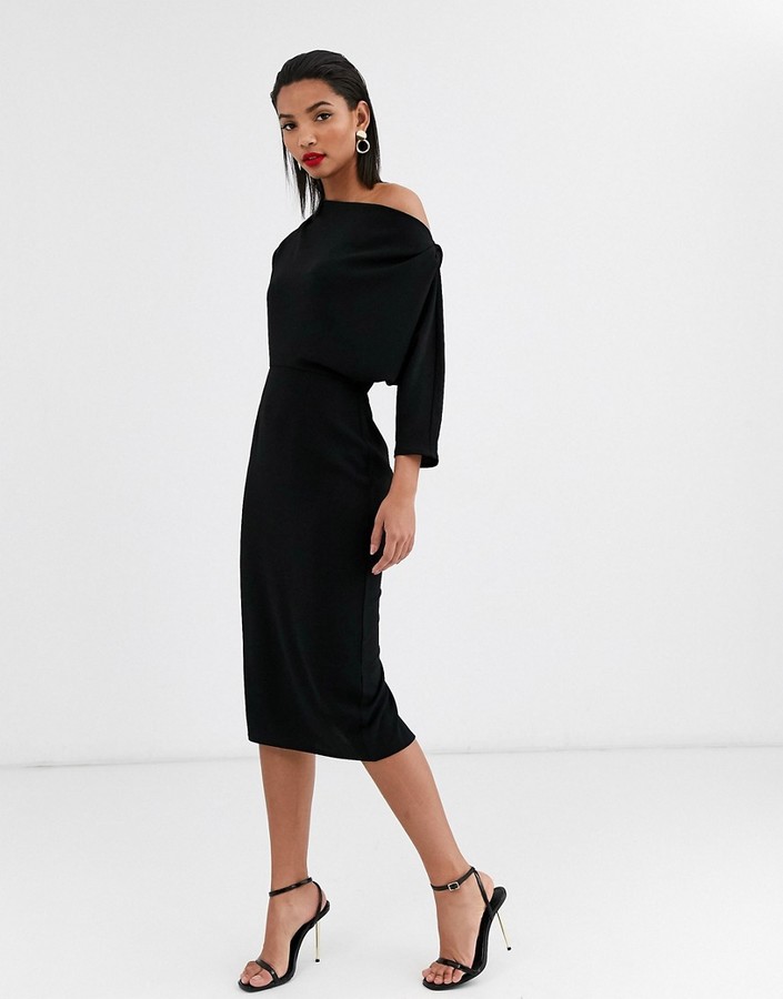 fallen shoulder midi pencil dress