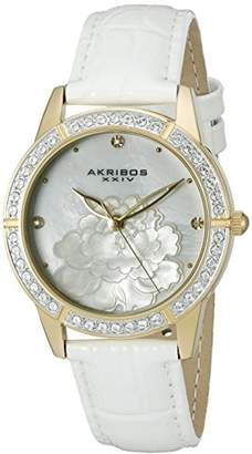 Akribos XXIV Women's Swarovski Crystals Watch - Mother of Pearl With Flower On Dial 3 Crystal Hour Markers On Leather Strap - AK805