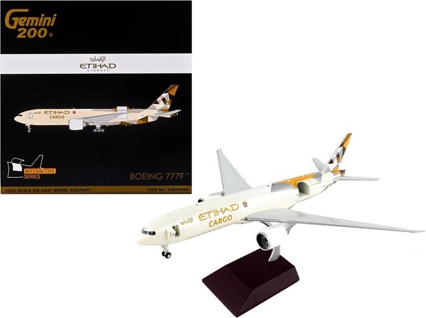 Boeing777FCommercialAircraft"EtihadAirwaysCargo"BeigewithTailGraphics1/200DiecastModelAirplanebyGeminiJets