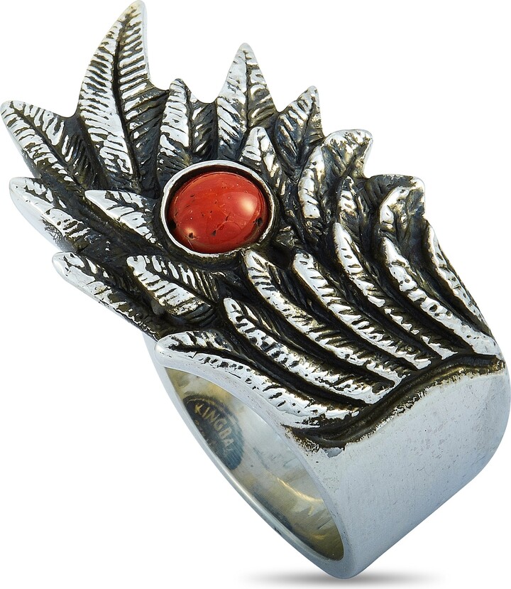 King Baby Studio Raven Wing Sterling Silver and Coral Cabochon Ring