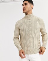 Thumbnail for your product : ASOS DESIGN knitted cable knit roll neck jumper in oatmeal