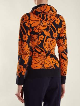 Joostricot - Floral Intarsia Cotton Blend Hooded Sweater - Womens - Orange Multi