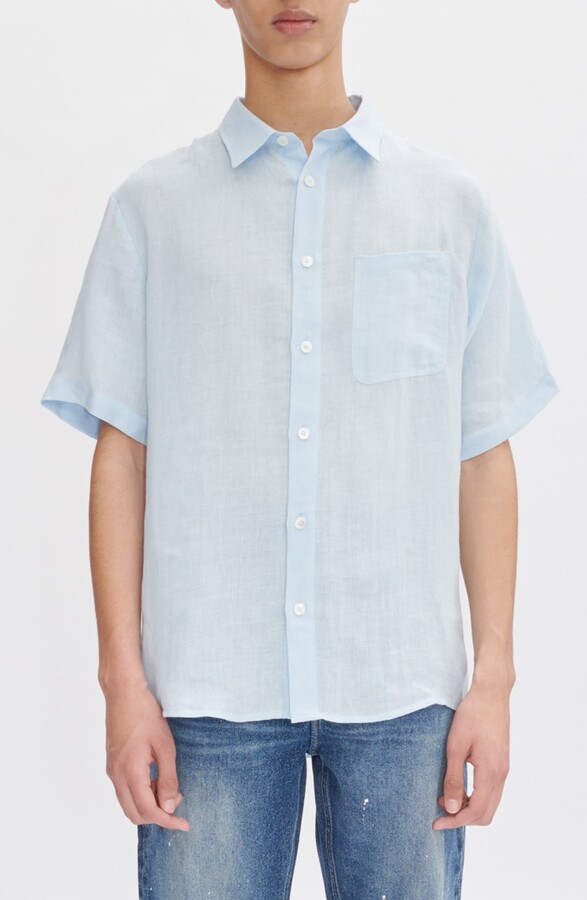 A.P.C. Bellini Logo Embroidered Short Sleeve Linen Button-Up Shirt