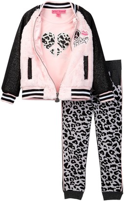 Betsey Johnson Varsity Faux Fur Jacket, Tee, & Jogger Pant Set (Toddler Girls)