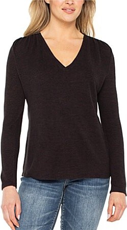 Liverpool Los Angeles Stretch Knit Shirring V-Neck Long Sleeve Top