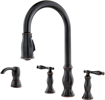 Pfister Pull Down Double Handle Kitchen Faucet With Soap Dispenser
