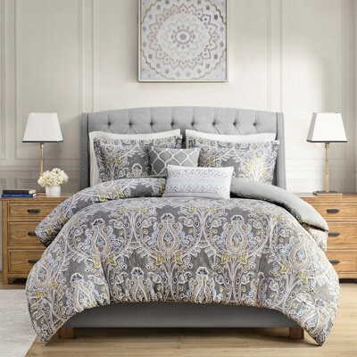 SnugglySolace Cotton Duvet Cover Grey Full/Queen - 5 Piece With Decorative Pillows Size Sham And Pillow