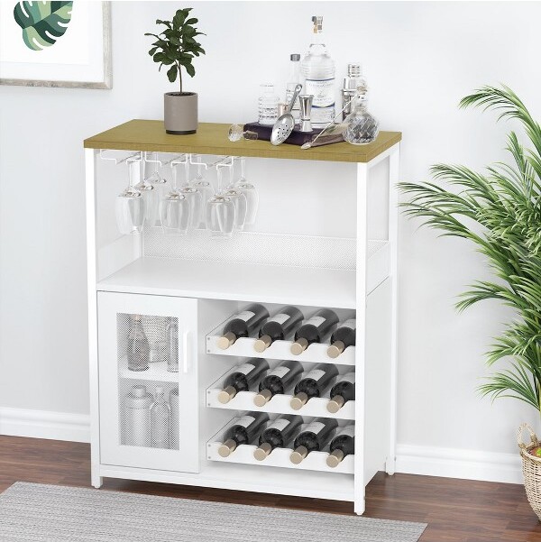 GarveeWineBarCabinetwithDetachableRackGlassHolderSmallSideboardandBuffetMeshDoorWhite