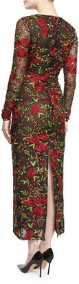 Naeem Khan Long-Sleeve Rose-Embroidered Organza Dress, Black/Red