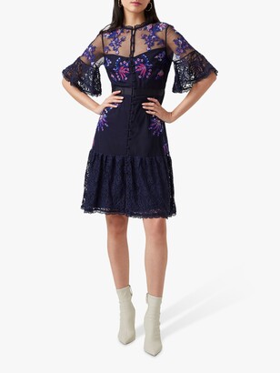 French Connection Bina Floral Embroidery and Lace Flared Dress, Utility Blue/Multi