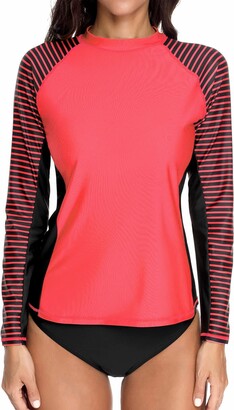 CharmLeaks Ladies Rashguard Stripe Long Sleeve Rash Shirts UV Swimming Surf  Tops Coral XL - ShopStyle Swimwear