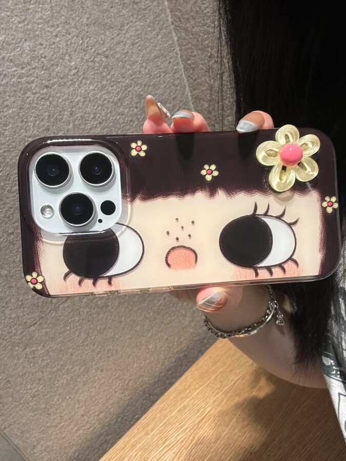 TROPLET Cartoon INS Big Eyes Comic Girl with 3D Flower Hair Pin Cute Phone Case for iPhone 17 16 15 14 11 12 13 Pro Max Plus Back Cover