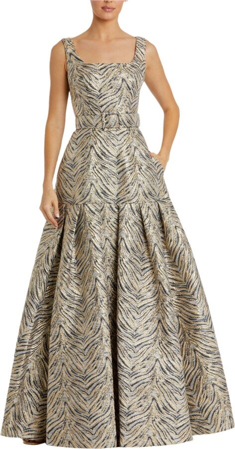 Mac Duggal Metallic Zebra Print Sleeveless A-Line Gown With Belt
