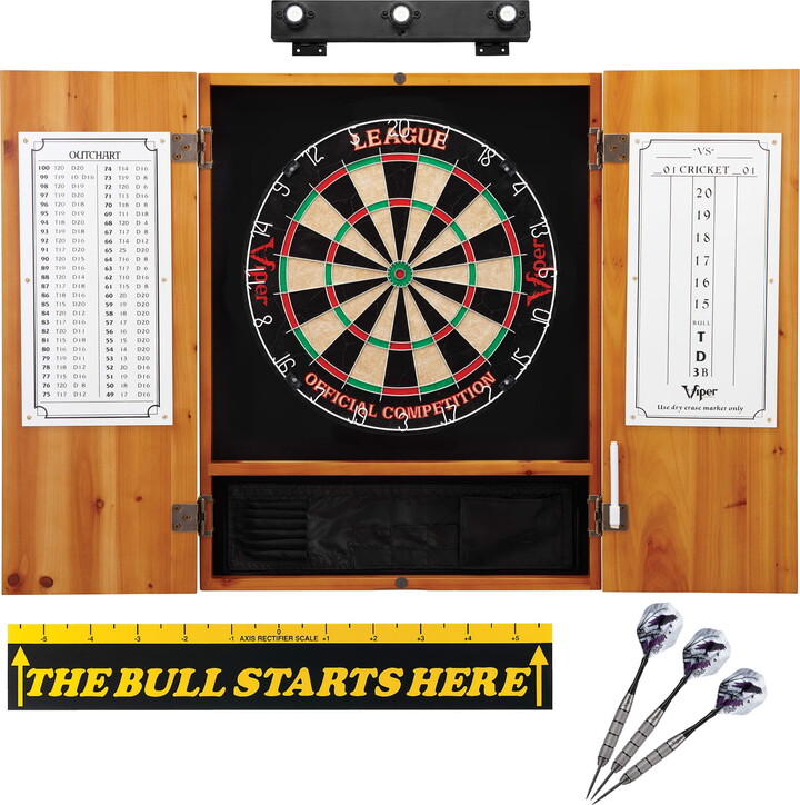 Viper League Sisal Dartboard, Metropolitan Oak Cabinet, Shadow Buster Dartboard Lights, "The Bull Starts Here" Throw Line Marker & Underground Raven Steel Tip Darts