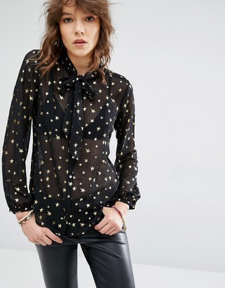 Maison Scotch Sheer printed top with tie at neck
