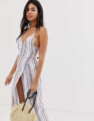 ASOS DESIGN Woven Stripe V Wrap Maxi Beach Dress