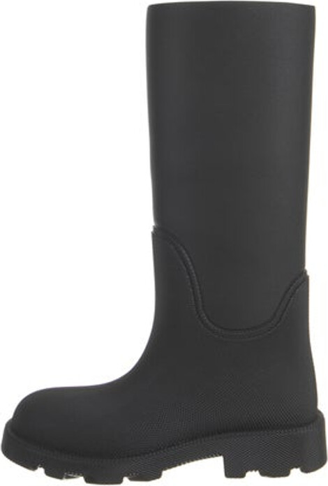 Burberry Rubber Knee-High Rain Boots Black Round-Toes Designer