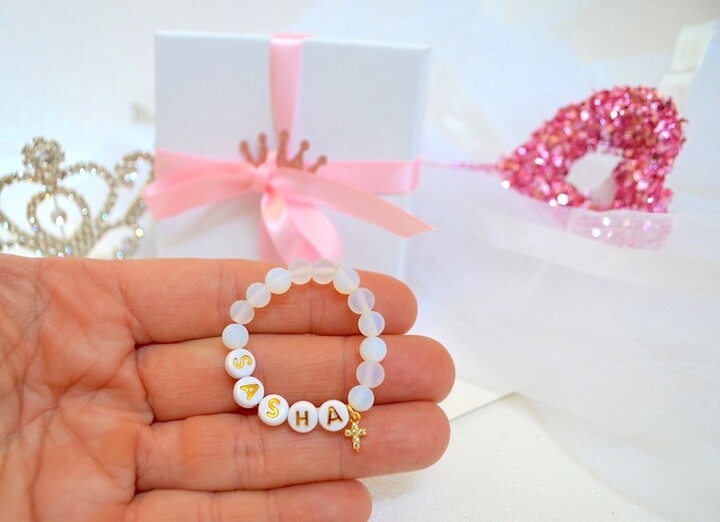 Etsy Sea Opal Cross Bracelet, Rhinestone Baby Baptism Gift, First Communion, Girls Personalized Kids Confirmation