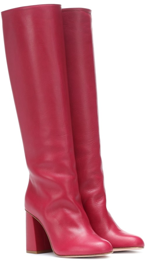 red knee high boots leather
