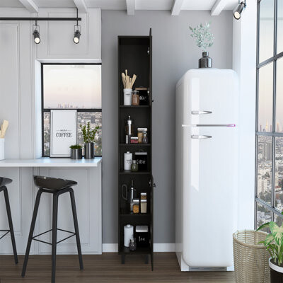 Hokku Designs Armelia 2-Shelf Rectangle Pantry Cabinet | Space-Saving Kitchen Storage with Chrome Handles & Adjustable Legs