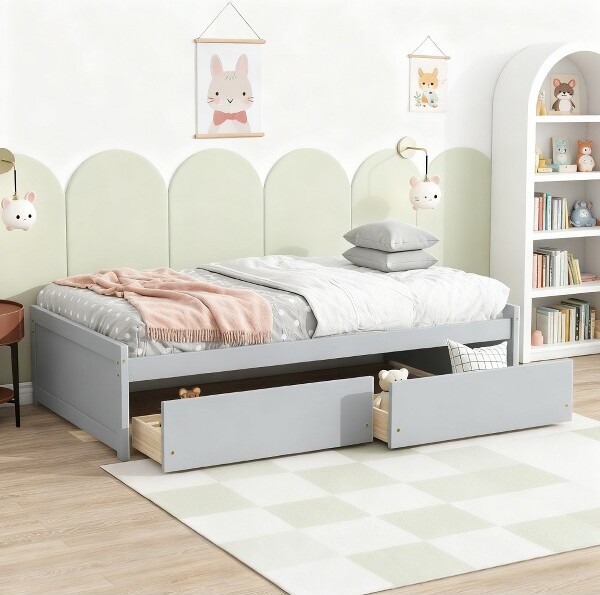 LuxystarTwinSizeWoodBedwith2DrawersforGuestRoomsandKids'roomsGray