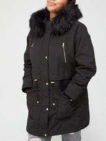 Thumbnail for your product : V By Very Curve Zip Detail Faux Fur Trim Hooded Parka Coat Black
