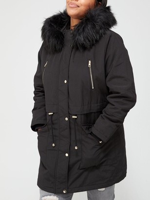 V By Very Curve Zip Detail Faux Fur Trim Hooded Parka Coat Black