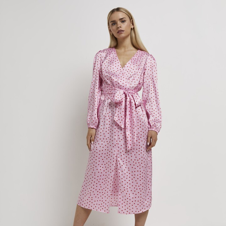 River Island Womens Petite Pink polka dot shift midi dress ShopStyle