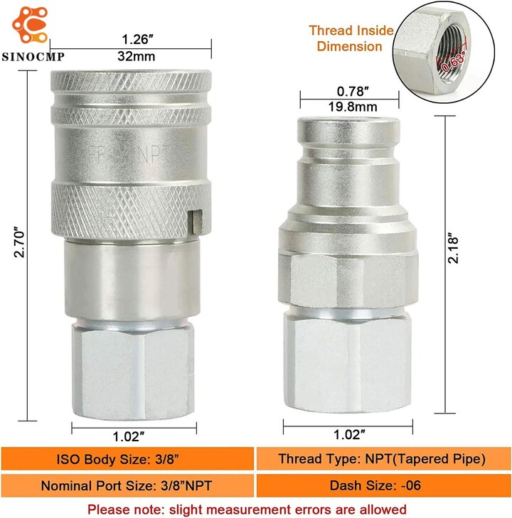 3/8 Inch NPT Thread Flat Face Hydraulic Quick Connect Coupler Set W/Dust Caps Compatible with Parker FE Safeway FFE49 Series