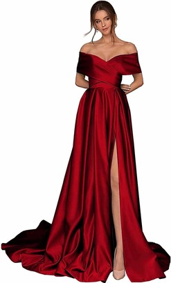 DELEND Women Sexy Off Shoulder Prom Dress Long Satin Party Dress Empire Waist High Slit Formal Evening Gowns with Pockets Black