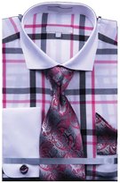 Thumbnail for your product : Sunrise Outlet Men`s Multi Color Check French Cuff Shirt Tie Hanky CuffLinks - Fuschia 17.5 34-35