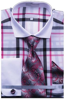 Sunrise Outlet Men`s Multi Color Check French Cuff Shirt Tie Hanky CuffLinks - Fuschia 17.5 34-35