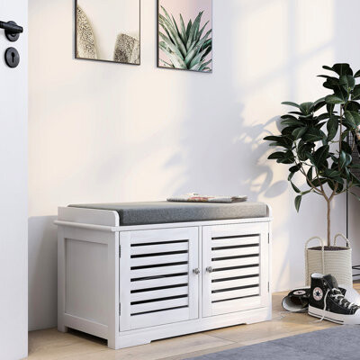 2 Door Shoe Storage With Cushioned Seat - White Entryway Option Bench Padded And Decor
