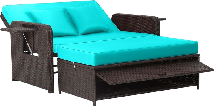 Costway Patio Rattan Loveseat Set Daybed Lounge Storage Ottoman Side Tables Adjust