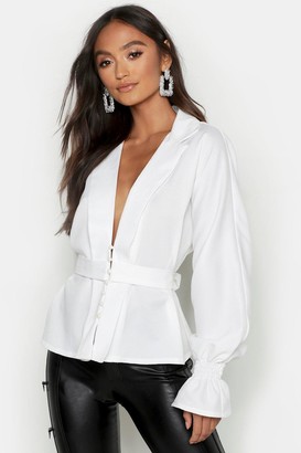 boohoo Petite Button Front Plunge Blouse