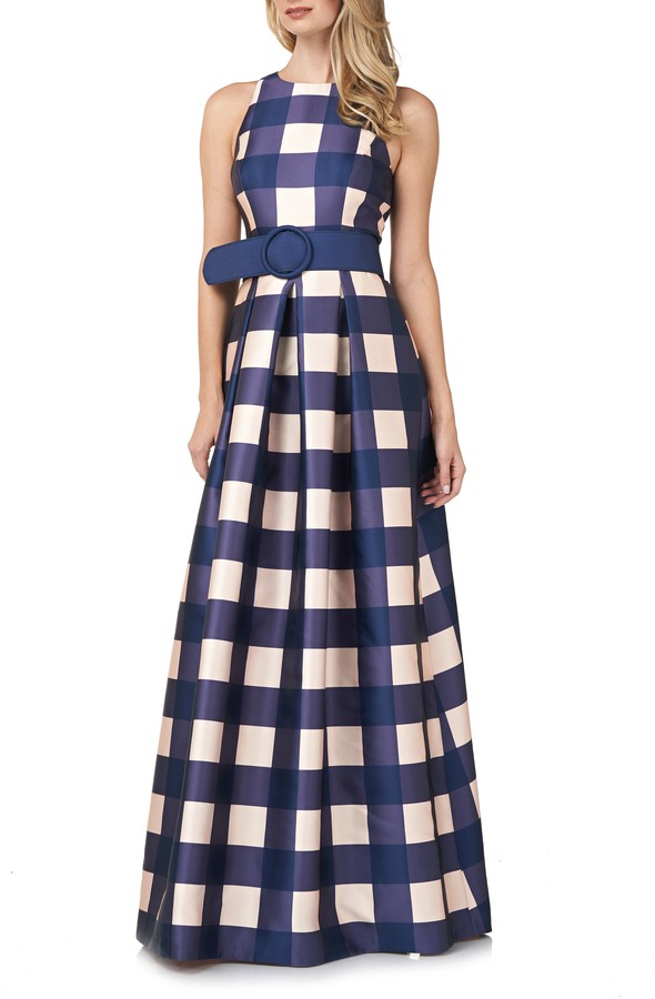 Kay Unger Jacqueline Gingham Belted A-Line Gown - ShopStyle Evening Dresses