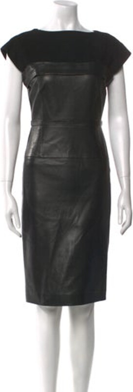 Gucci Leather Sheath Dress By Frida Giannini Black Short Sleeve with Bateau Neckline Concealed Zip Closure at Back Designer