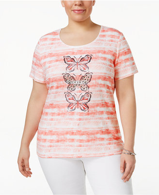 Karen Scott Plus Size Striped Butterfly-Print T-Shirt, Created for Macy's