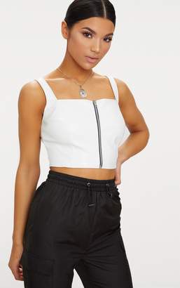 PrettyLittleThing White Faux Leather Zip Front Crop Top