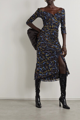 Diane von Furstenberg Ganesa Off-the-shoulder Ruched Leopard-print Stretch-mesh Midi Dress - Black